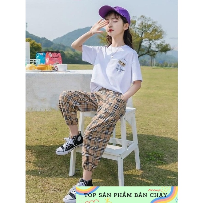 Set bộ thể thao bé gái size đại áo in gấu thun cotton  quần caro bo lai cá tính  mềm mát cho bé 10-50kg