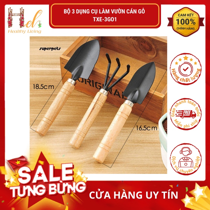 Bộ 3 dụng cụ làm vườn cán gỗ TXE-3GO1