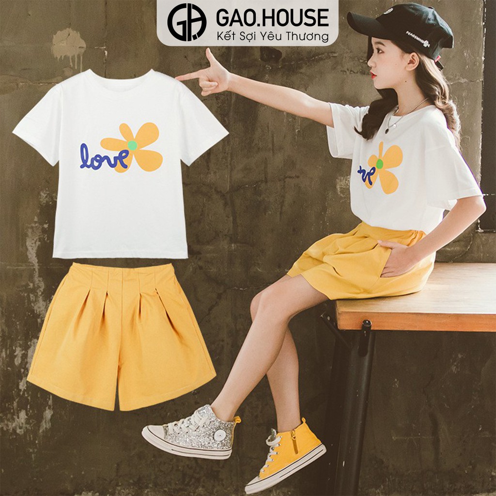 Bộ quần áo thun cộc tay Gạo House cotton 4 chiều cổ tròn Bông hoa love cho bé gái [T19]