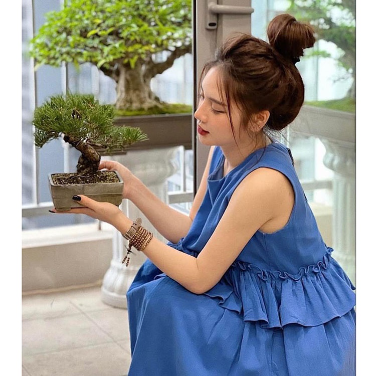 Đầm sát nách cổ tròn thắt eo Váy chiết eo ba lỗ xanh than siêu đẹp