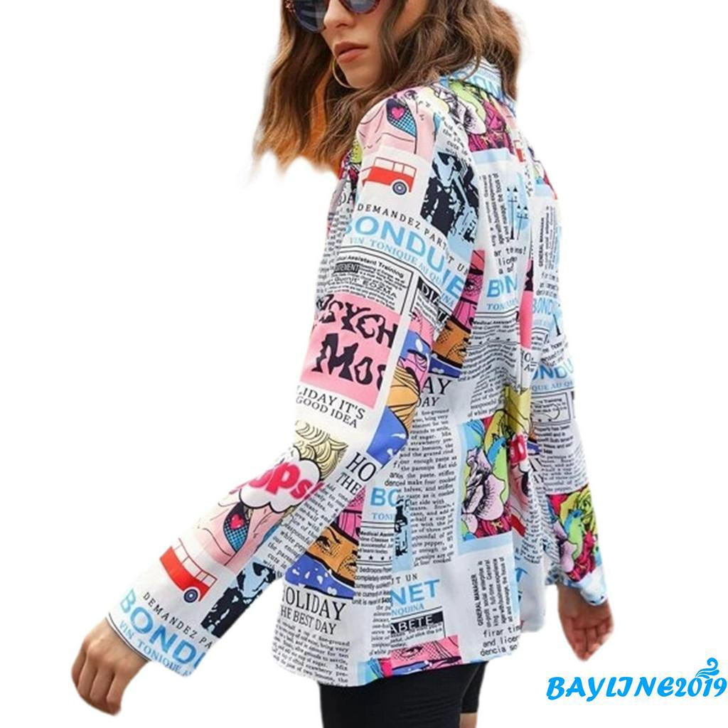 BAY-Women´s Long Sleeve Colorful Suit, Newspaper Print V Neck Defined Waist One Button Slim Coat