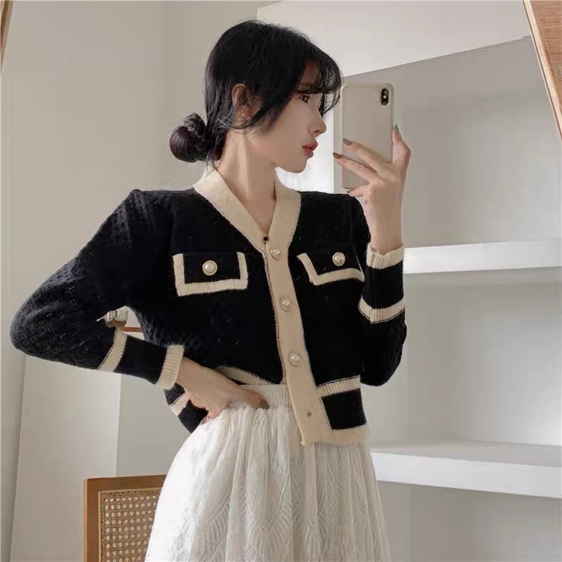 Áo len dệt kim nữ mắt lưới cài cúc màu trắng đen dài tay tiểu thư nữ tính sang chảnh Hàn Quốc loại 1