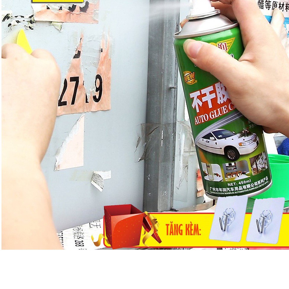 Chai Xịt: DÙNG Tẩy Keo Dính Đa Năng Trên Mọi Bề Mặt Nian Run 450ml  - Tặng Kèm 02 Móc Treo Dán Tường