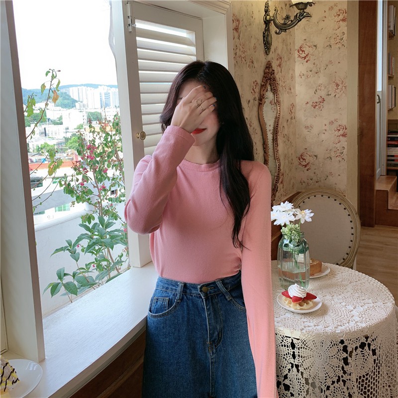 Xiaozhainv Áo tay dài màu trơn dáng ôm duyên dáng dễ phối quần áo phong cách Hàn Quốc