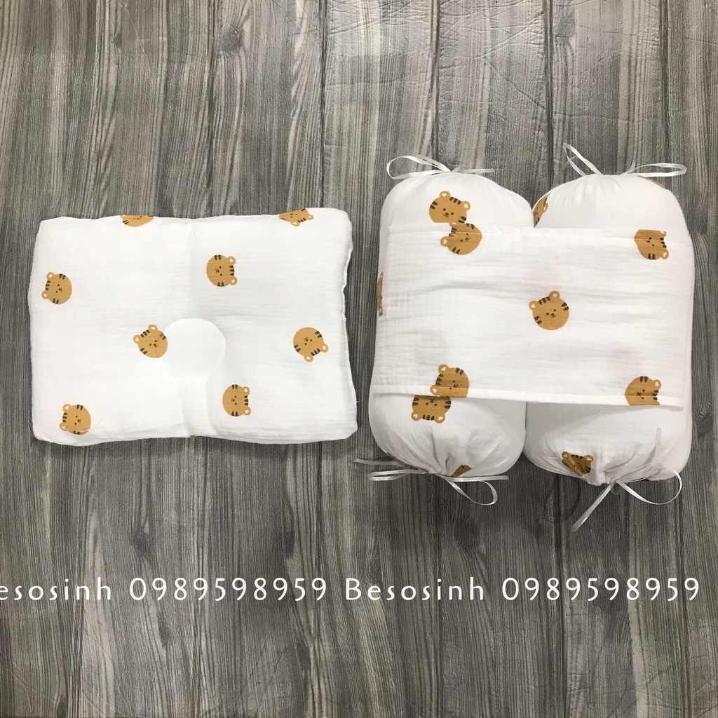 Combo chăn- gối- liền chặn - yếm -khăn sữa -gối chống trào hổ nâu cho bé cao cấp xô muslin