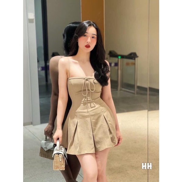 Đầm nude dây cột nơ ngực xếp ly
