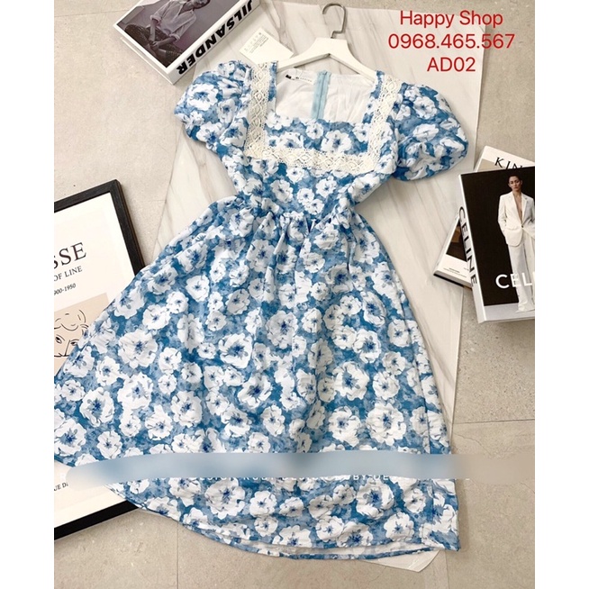 Đầm bông cổ vuông, form đầm xoè tiểu thư vải lụa mát cân nặng 58kg đổ lại mặc vừa