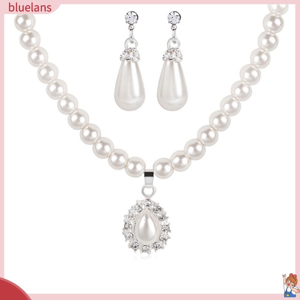 Bộ Vòng cổ + Bông Tai Đính Đá &amp; Ngọc Trai Nhân Tạo Hình Giọt Nước BLUE2