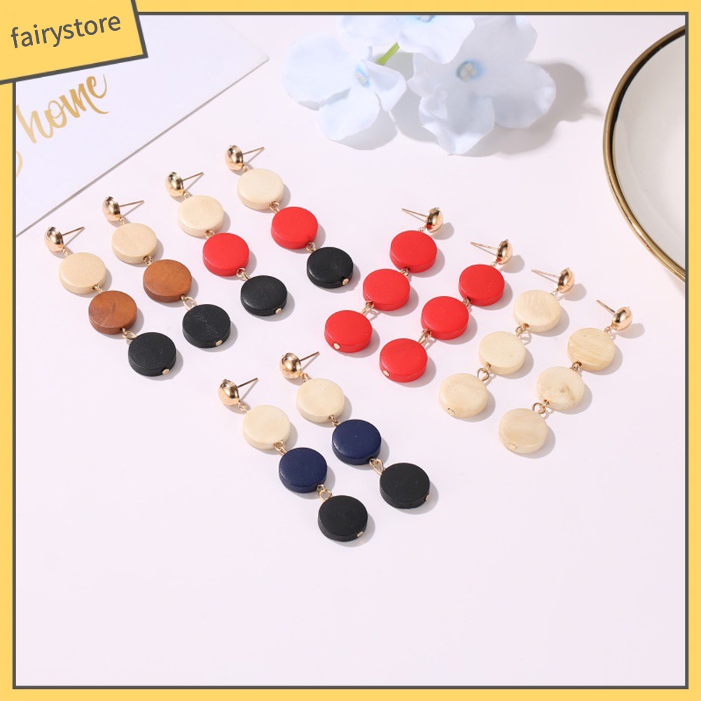 Hoa tai dáng thả mặt hình tròn bằng gỗ cho nữ