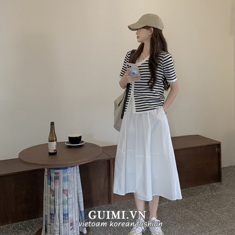Set Áo Cardigan Tay Ngắn Kẻ Sọc + Chân Váy Chữ A Lưng Cao Phong Cách Hàn Quốc Thời Trang（Cần được đặt hàng riêng）