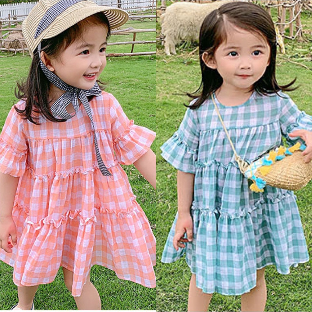 Váy Cho Bé Gái 5t Phong Cách Hàn Quốc, Kiểu Dáng Baby doll Xòe, Họa Tiết Caro, Màu Pastel