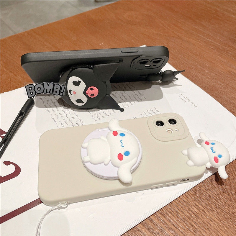 Ốp Điện Thoại Hình Kuromi / Cinnamoroll Trắng / Đen Nhật Bản Gắn Dây Đeo + Gương Tròn Cho iPhone 5 Trong 1 14 13 12 11 Pro Max mini X XS XR 8 7 6 6s Plus