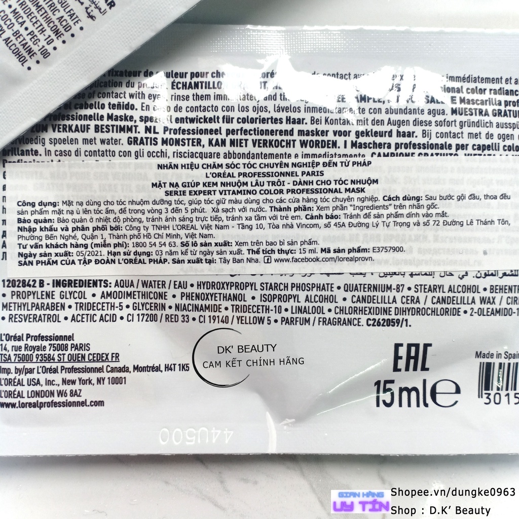 Gội Hấp L'Oréal Professionnel Giữ Bền Màu Tóc Nhuộm Serie Expert Vitamino Resveratrol (Dạng Tester)