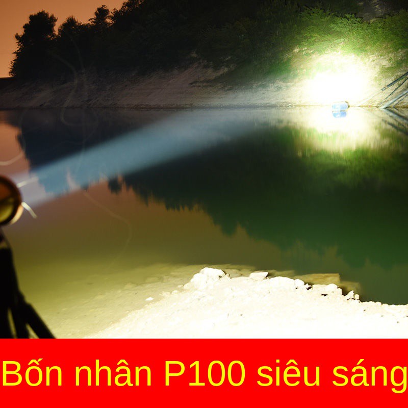 2021 Đèn pha LED siêu sáng ánh mạnh có thể sạc lại 4 lõi P100 tầm xa Xenon P90 gắn đầu của thợ câu cá đêm