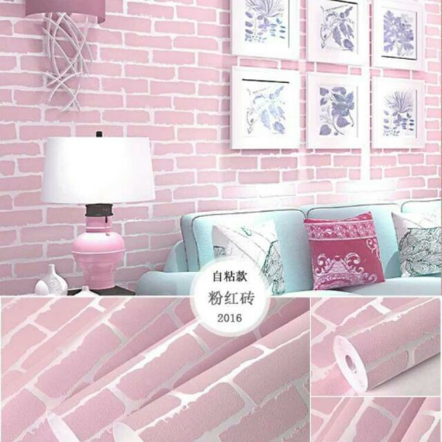 Siêu Rẻ-10M Giấy Dán Tường Vân Gạch Hồng Có Sẵn Keo Dính, Khổ Rộng 45CM