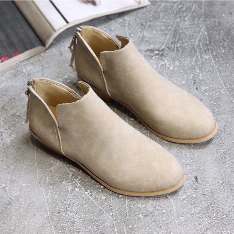 Women Autumn Solid Leather Ankle Boots Cut-out Low Heel Round Toe Back Zipper Casual Boots Non-slip Short Bootie