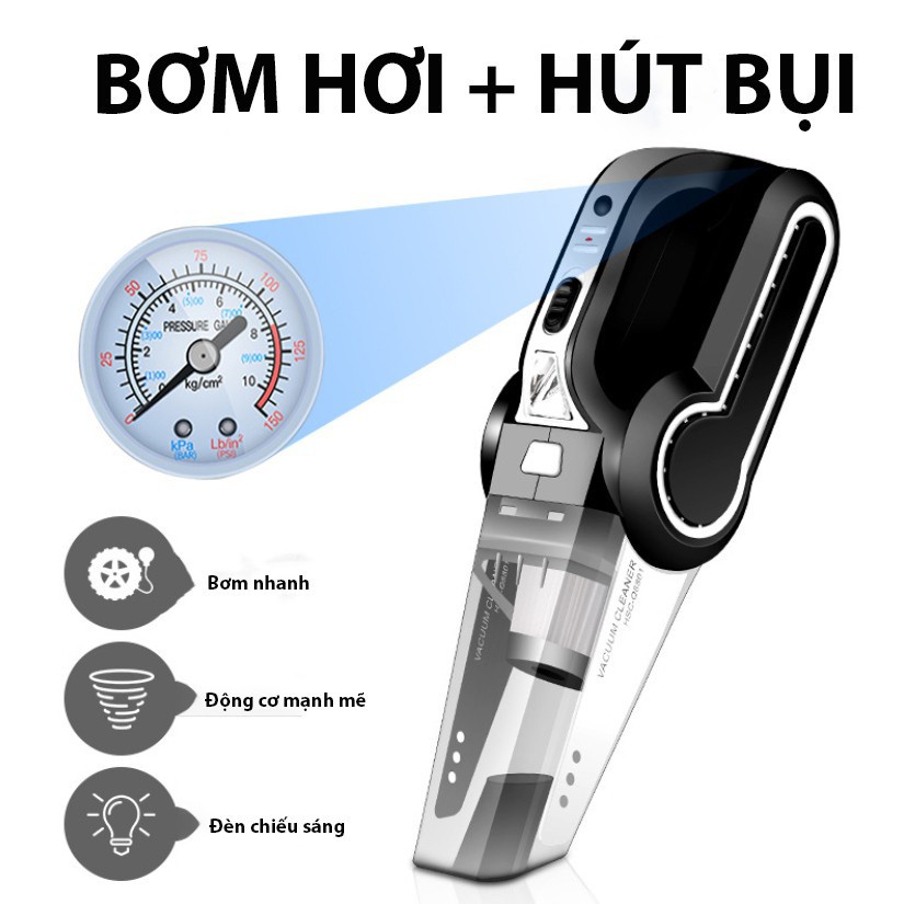 Máy Hút Bụi Ô Tô - Máy Bơm Lốp Ô Tô Đa Năng 4 Trong 1 - Hút Bụi, Bơm Lốp, Đo Áp Suất Lốp, Đèn Pin Chiếu Sáng