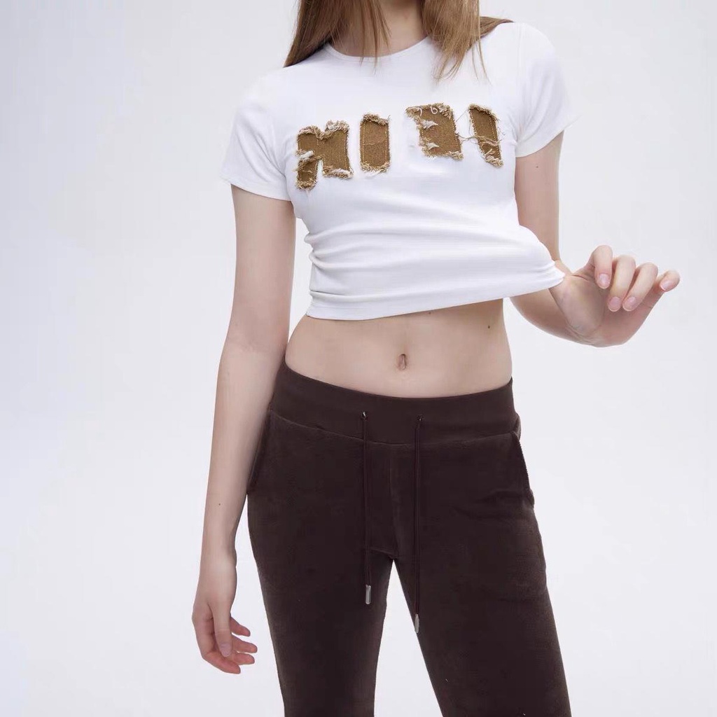 Áo Thun Denim Tay Ngắn Thêu Hình Y2k Mũi Một Hàng