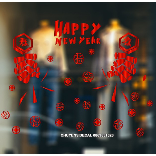 Decal trang trí Tết - Dây Pháo Hoa nổi bật Happy New Year ( ĐỎ - VÀNG )