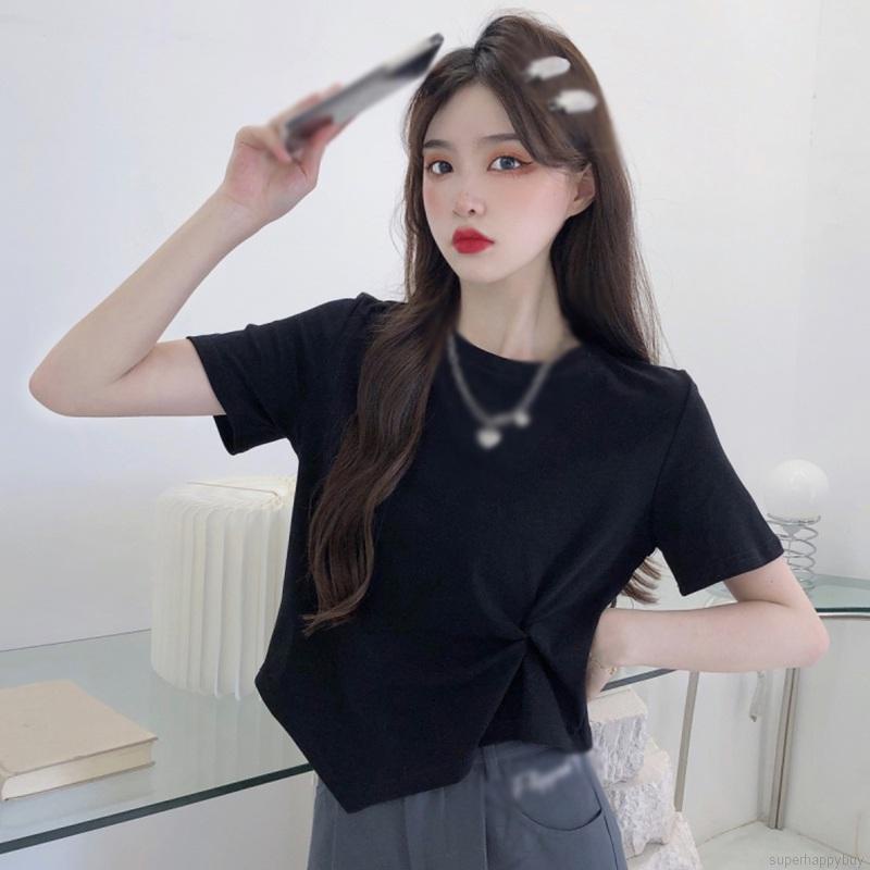 Áo thun tay ngắn cổ tròn màu trơn thiết kế lệch tà phong cách trẻ trung cho nữ