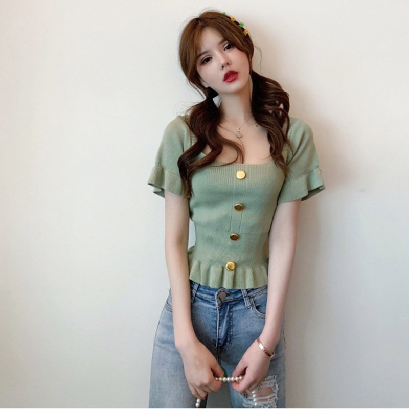 Áo dệt kim phối nút thiết kế quyến rũ cho phái nữ