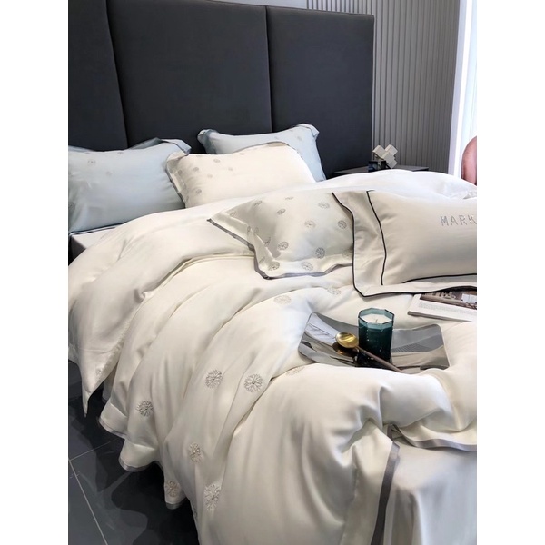 Bộ chăn ga và vỏ gối tencel 120s cao cấp Mùa Decor - Hoạ tiết bông tuyết trắng luxury