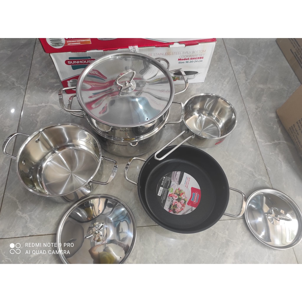 BỘ NỒI CHẢO INOX 5 ĐÁY SUNHOUSE SHG995