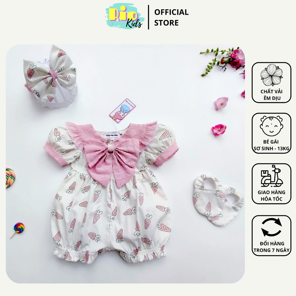 Body áo liền thân cộc tay cà rốt hồng cho bé gái sơ sinh -13kg diện đi chơi tiệc thôi nôi đầy tháng - Riokids BD20