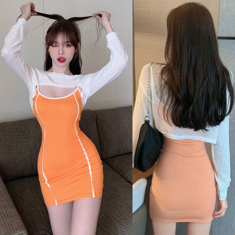 Set áo dài tay xuyên thấu kèm đầm 2 dây ôm dáng gợi cảm cho nữ