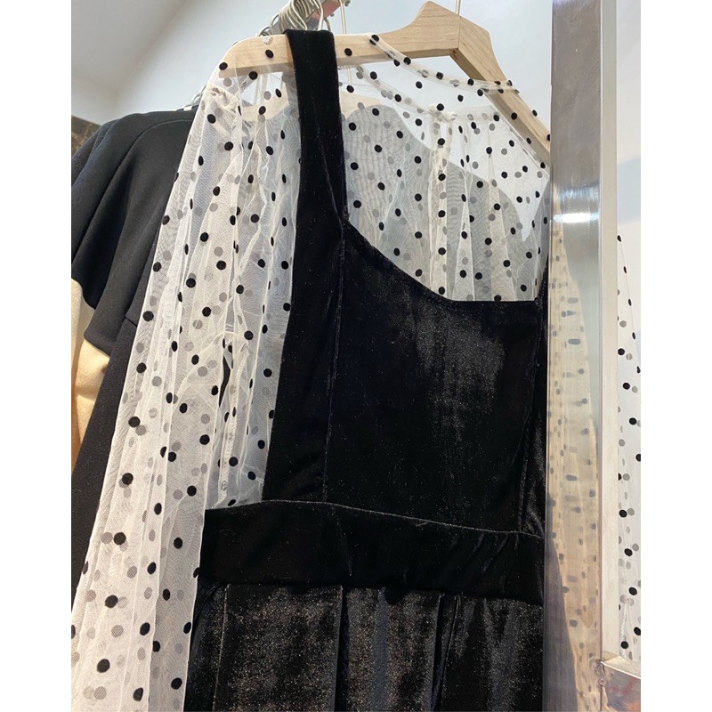 Set váy nhung áo châm bi ULZZANG thời trang nữ Hàn Quốc, váy yếm áo ren