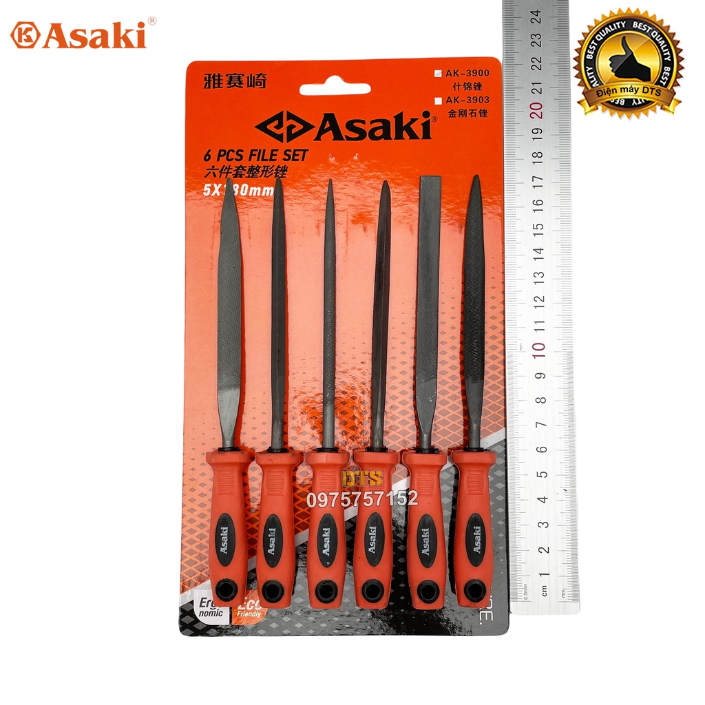 Bộ dũa mài kim loại hợp kim 5x180mm Asaki AK-3900, bộ 6 giũa mài đa năng thép carbon T2 chống mài mòn, dũa mini cao cấp