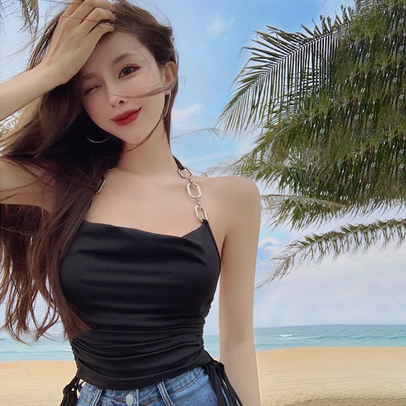 Áo Croptop Hai Dây Màu Trơn Cổ Yếm Phối Dây Xích Thời Trang Hàn Quốc Gợi Cảm Cho Nữ