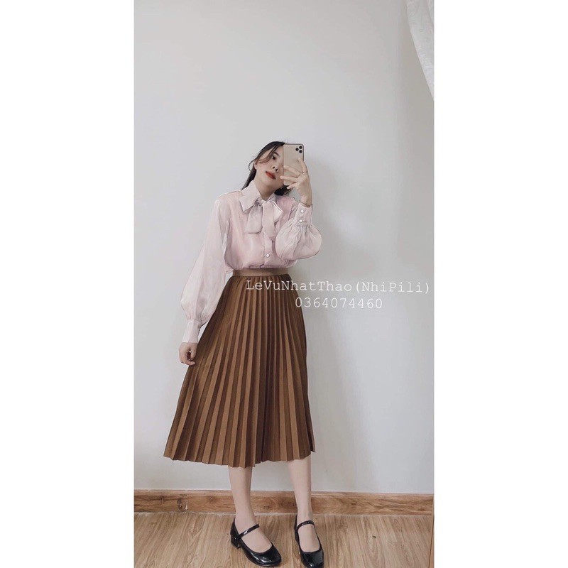 Set áo sơ mi nơ mix chân váy xếp ly dài siêu xinh (Hàng đẹp,có ảnh và video thật) | BigBuy360 - bigbuy360.vn