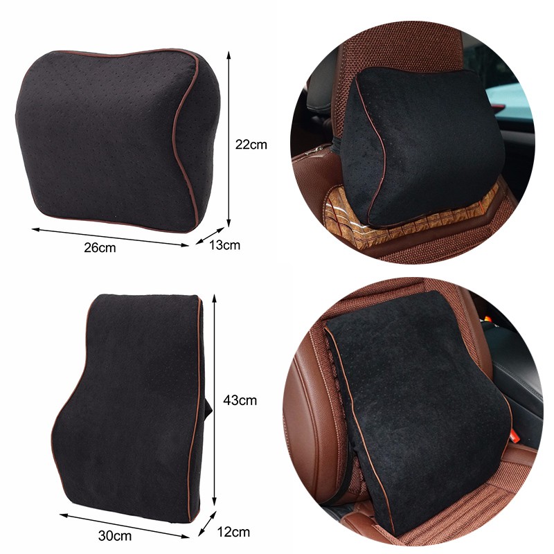 【Ready Stock】 2PCS Headrest Pillow&amp;Memory Foam Velvet Lumbar Cushion Back Pain Relief Car Chair Back Support 0tpU