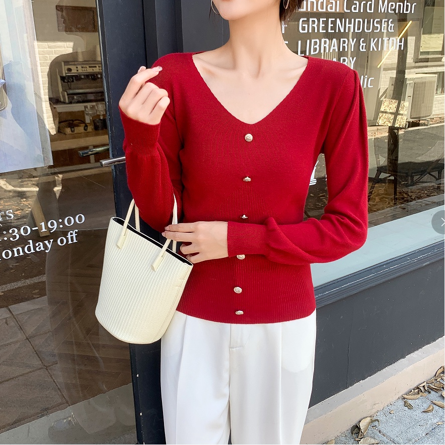 【ZHELIHANGFEI】Áo Dệt Kim Tay Dài Cổ Chữ V Dáng Ôm Dễ Phối Đồ