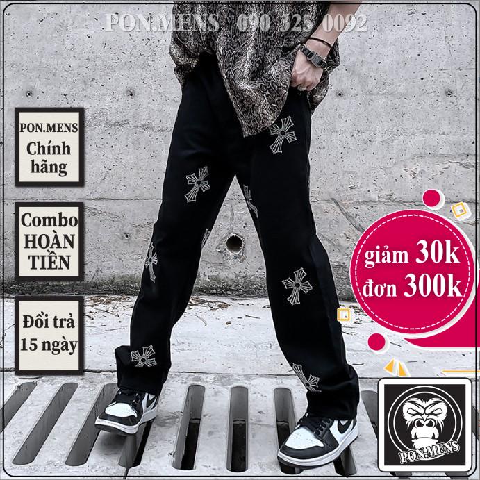 Quần jean ống suông rộng nam nữ unisex họa tiết thánh giá hà nội hcm Pon.mens
