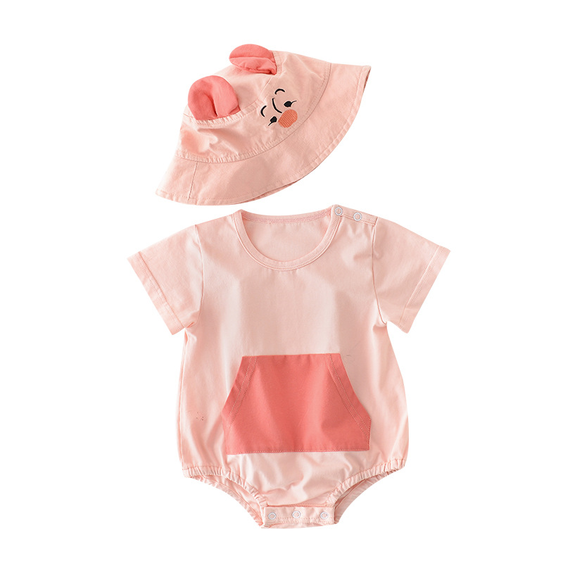 Bộ Áo Liền Quần Vải Cotton Tay Ngắn Phối Mũ Dễ Thương Cho Bé