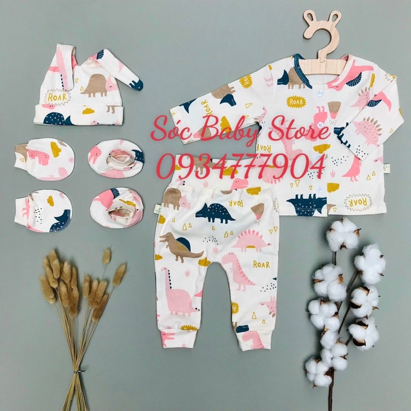 Bộ quần áo sơ sinh cotton kèm nón bao tay bao chân
