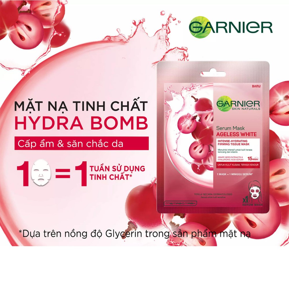 Mặt nạ tinh chất Nho đỏ & Hyaluron săn chắc da Garnier Hydra Bomb Grape Seed Serum Mask 28g