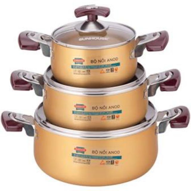 Bộ nồi Anod Sunhouse SH6634 chất liệu nhôm cao cấp dùng bếp gas bếp hồng ngoại