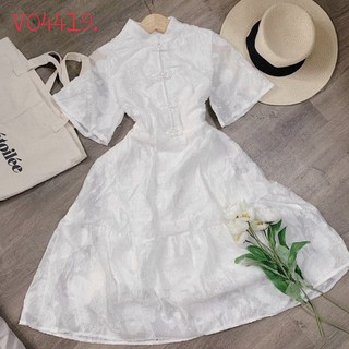 🎀 Đầm trắng gấm xòe cổ sườn xám 💟