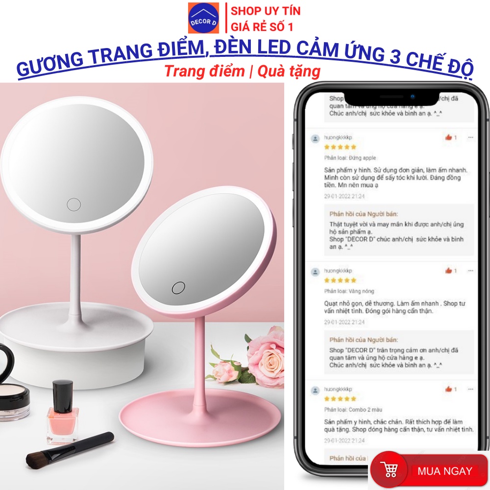 Gương để bàn trang điểm Hàn Quốc phấn mirror đèn Led decor phòng xinh xắn dễ thương