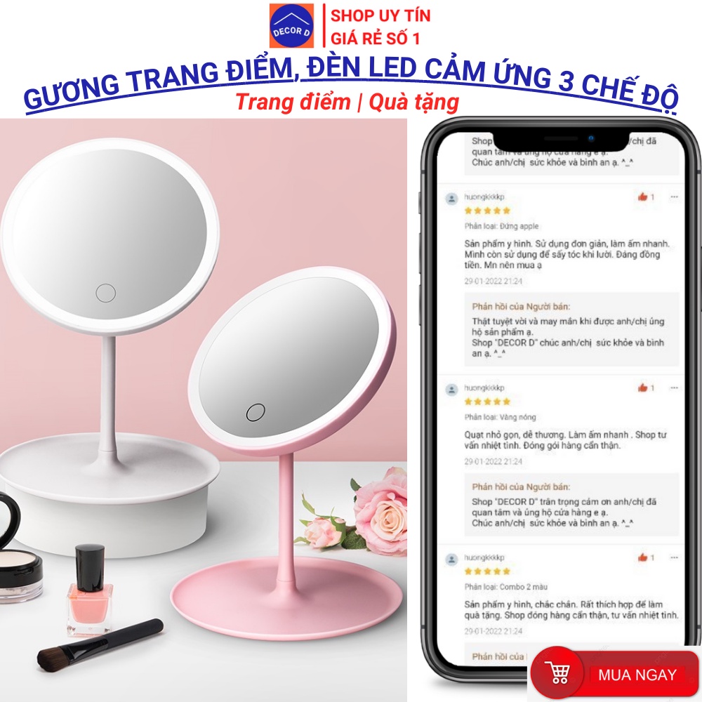 Gương để bàn trang điểm Hàn Quốc phấn mirror đèn Led decor phòng xinh xắn dễ thương [Kèm sạc]