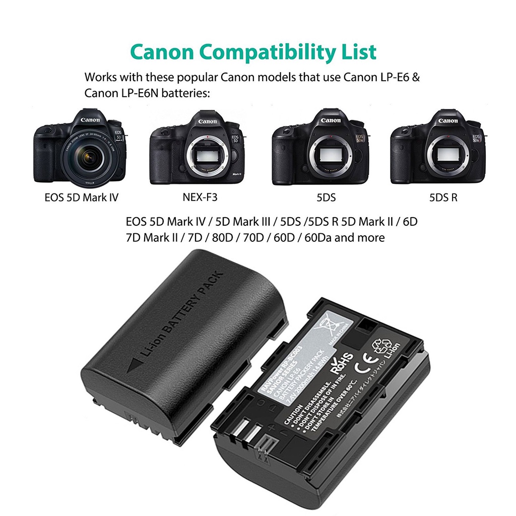 Bộ 2 pin+sạc đôi cho Canon LP-E6/E6N RAVPOWER dùng cho máy ảnh EOS R 90D 5d4 70D 6d2 R6 R5 5D2 5D3 60D 7D2 7D...