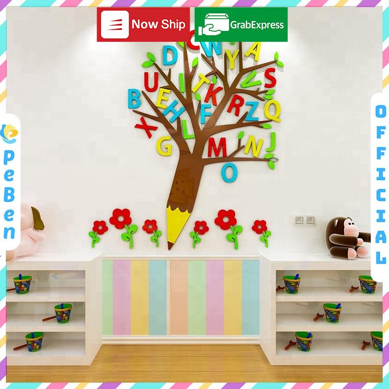 Tranh dán tường mica 3d decor khổ lớn cây chữ cái tiếng anh trang trí mầm non, phòng cho bé Nhiều Size - EPeBen