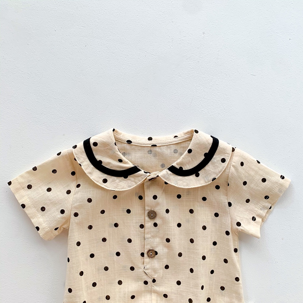 Áo liền quần ngắn tay bằng cotton lanh họa tiết chấm bi dễ thương thời trang cho bé trai / gái