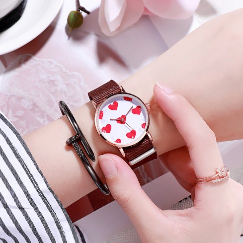 Đồng Hồ Nư Dây Vải Dù Mưa Tim D354 Phong Cách Hàn Quốc - Hazo