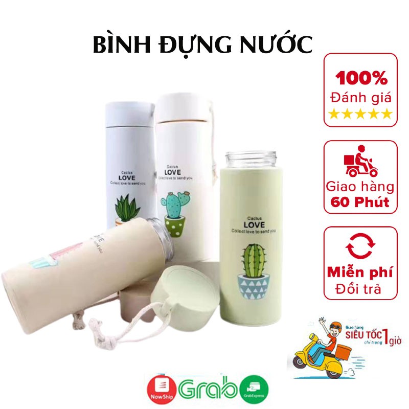 Bình đựng nước lõi thủy tinh vỏ nhựa lúa mạch in hình xương rồng dễ thương dung tích 400ml giữ nhiệt,có dây xách | BigBuy360 - bigbuy360.vn