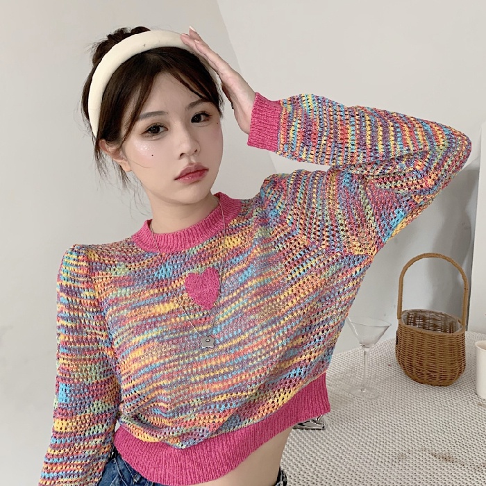 ZHELIHANGFEI Áo Sweater Dệt Kim Tay Dài Lưng Cao Kẻ Sọc Khoét Hình Trái Tim Dễ Thương