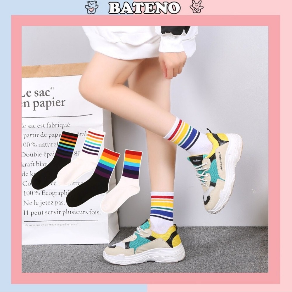 Tất cổ cao Bateno hottrend kẻ cầu vồng cực đẹp unisex cá tính TN51